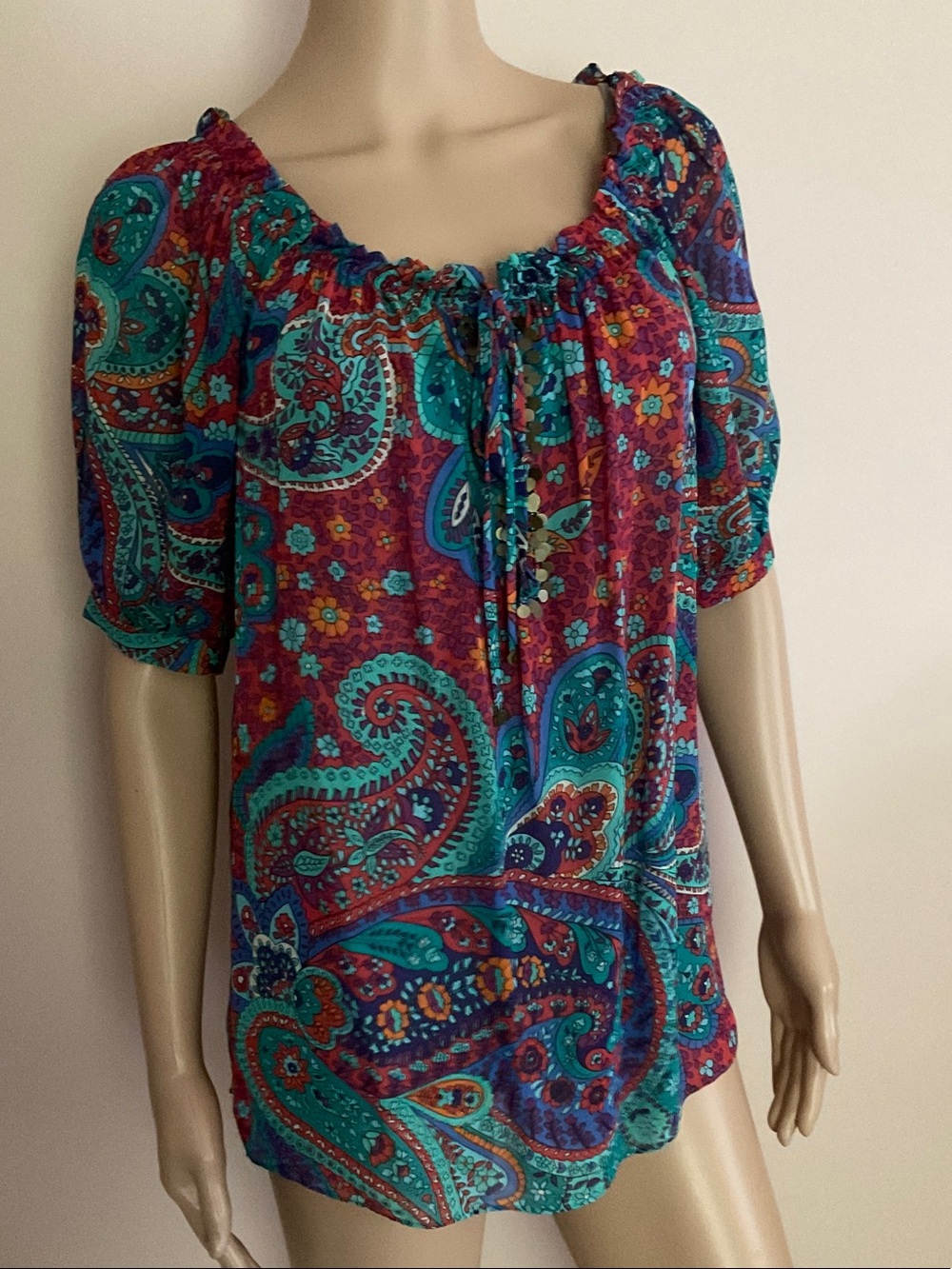 Vintage Moda International Silk Jewel tone Paisley Peasant Blouse